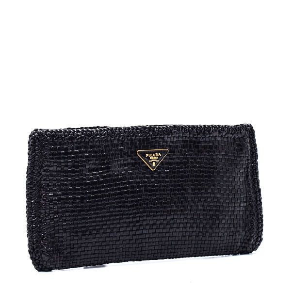 Prada Black Goatskin Woven Leather Madras Clutch